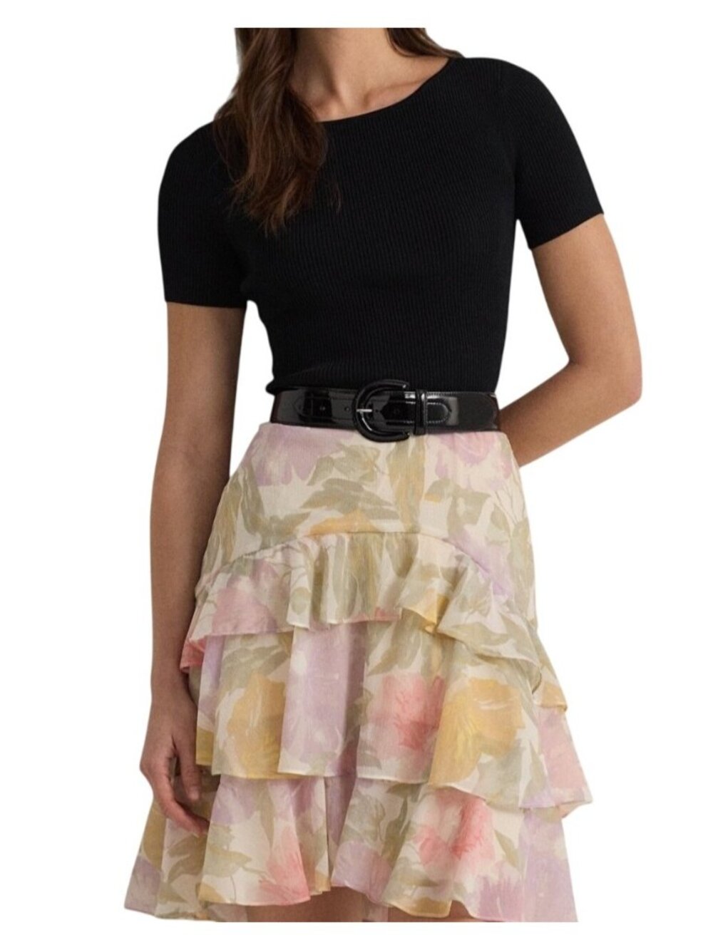 NWT Lauren Ralph Lauren Black Ribbed Cropped Short Sleeve Knit Top L MSRP $125